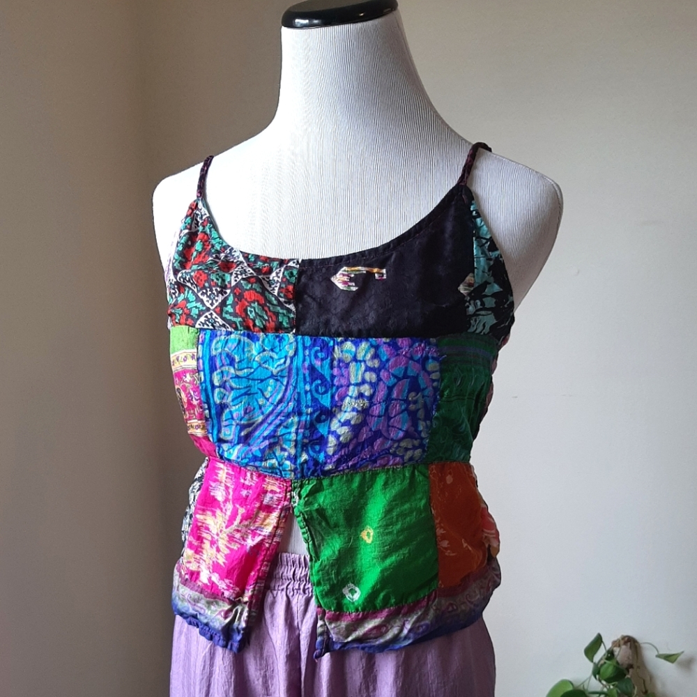 Y2K Patchwork Silk Slip Top Hippy Baby Doll Strappy Colorful Print XS